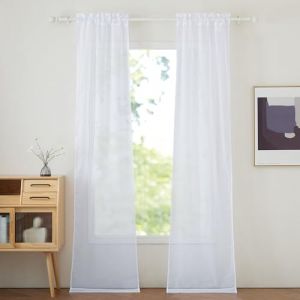 PONY DANCE Rideau Voilage 60x240 - Blanc Rideaux Draperies Voile Souple Transparent Passe Tringle Décoration de Cuisine Chambre Salon Porte Maison Fenetre, L 60 x H 240 cm, 2 Pièces (RYB HOME EU, neuf)