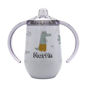 Marquage Unique Tasse d'Apprentissage B&eacute;b&eacute; Personnalisable, Double Poign&eacute;e, Motif Crocodile, Design Cactus, Gobelet Isotherme avec Pr&eacute;nom (MARQUAGE UNIQUE, neuf)