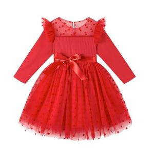 Miipat Fille Robe Tulle Manches Longues Robes Petite Filles Princesse Enfants Jupe &agrave; Points de Polka pour F&ecirc;te Anniversaire Festival de Mariage (Rouge 120 5-6 Ans) (Miipat, neuf)