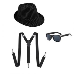 UILYNIU 3 Pièces Costume de Chef de la Mafia des Années 20, Accessoires 1920s Homme Accessoires Chapeau Gangster Lunettes Élastique Bretelles, Chapeau Panama Homme Gangster Halloween Cosplay (XIMO EU, neuf)