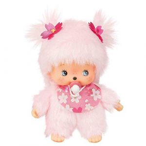 Sekiguchi 242443 - Original Bebichhichi Fille Fleur de Cerisier, en Peluche Rose, avec Bavoir et nattes avec Fleurs, Environ 15 cm (M & L France, neuf)