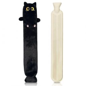 Longue Bouillotte en forme de chat,2L Bouillotte Peluche En Caoutchouc Avec Couvercle,75cm,Amovible Pour Le Nettoyage,Pour R&eacute;chauffer Cou &eacute;paules Dos Jambes,Cadeau (Noir) (JiLiXia-EU, neuf)