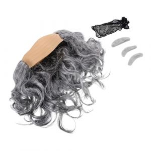Yardwe Postiche Chauve 3 Pièces avec Cuir Chevelu Ondulé Gris Moustache et Sourcils Postiche pour Costume de Vieil Homme pour Fêtes Costumées et Halloween (Antique Guyue, neuf)