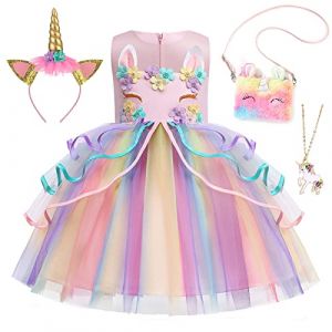 Emin Robe Licorne Enfant Fille Deguisement de Princesse Licorne avec Accessoires Robe de Princesse Noël Anniversaire Fête Halloween Carnaval Cosplay Costume (Emin-uk, neuf)