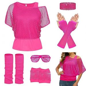 Tenue des Années 80 et 90 pour Femme,Vêtements Années 80 Néon Tenu,80s Disco Costume,Déguisement Année 80 Accessoire Femme,T-Shirt en Maille,Jambières Neon,pour 80s Thème Soirée Carnaval Femme Fille (HONG-EU, neuf)