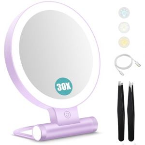Miroir de maquillage avec éclairage, miroir grossissant double face 1X/30X avec lumière, 2000 mAh, 3 modes d'éclairage de couleur, luminosité réglable, pliable et compact, taille de voyage (B Beauty Planet-FR, neuf)