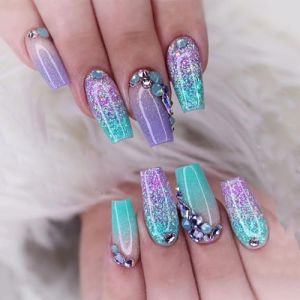 Sethexy Moyen Ballerine Faux ongles Pierres de Rhin Paillettes Ongles à presser Vert Dégradé Faux ongles Brillant pour femmes et filles 24PCS (4) (sethexy, neuf)