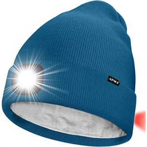 ATNKE Unisexe 8 LED Bonnet Lampe Frontale,USB Rechargeable Rouge Feu Arri&egrave;re Clignotant Chapeau de Course Lumi&egrave;re Chaud Polaire Doubl&eacute;e Tricot Bonnet Cadeaux pour Hommes et Femmes/Peacock Blue (Memorye, neuf)