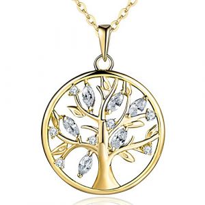 JO WISDOM Collier Pendentif Arbre de vie Yggdrasil Argent 925 Femme AAA Zirconium Pierre de naissance d'avril avec plaqué or jaune (JO WISDOM, neuf)