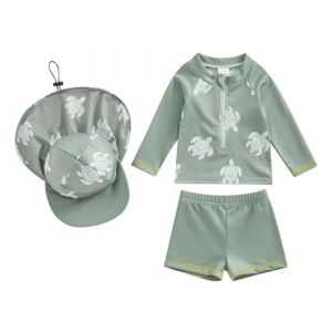 Maillot de Bain B&eacute;b&eacute; Gar&ccedil;on 3 Pi&egrave;ce Anti UV T-Shirt Manches Longues + Short de Bain + Chapeau de Soleil Costume de Bain Piscine Nataiton Plage (Vert Tortue, 3-4 Years) (qiyuesheng, neuf)