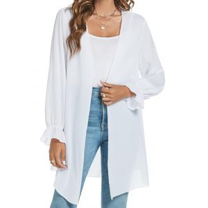 Famrrifuu Gilet Long L&eacute;ger Femme Cardigan Cache Maillots Plage &agrave; Manches Longues Ouverte &Eacute;l&eacute;gant Veste Kimono,Blanc,L (TengGD, neuf)