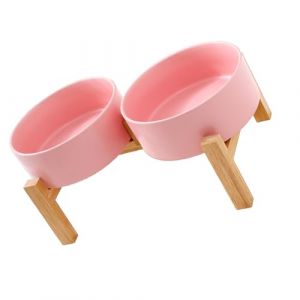 Support sur&eacute;lev&eacute; en bois pour animaux domestiques - Double bol en c&eacute;ramique - Design anti-basculement - Bol de grande capacit&eacute; pour chats et chiens - Gamelle sur&eacute;lev&eacute;e en c&eacute;ramique avec support en (SSIFDCXXIHPI, neuf)