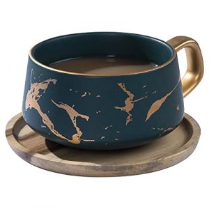 VETIN Tasses &agrave; cappuccino avec soucoupe, tasse en marbre, 300 ml, en porcelaine, pour th&eacute;, caf&eacute;, cappuccino, tasses &agrave; caf&eacute; avec disque en bois (Vert) (VETIN, neuf)
