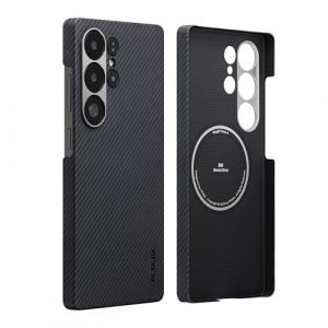 pitaka Coque Magnétique pour Samsung Galaxy S25 Ultra Cover en Fibre d'Aramide Super Mince et Léger en Aspect Fibre de Carbone Housse Robuste Compatible avec Magsafe [Coque Ultra-Mince] Noir/Gris (PITAKAofficial, neuf)