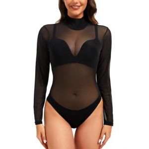 Kiiwah Haut Transparent Noir Femme, Body Manche Longue avec Boutons-Pression Sexy Top Tulle Col Montant Top Transparent Haut Tulle Femme pour Les Boîtes De Nuit, Les Soirées Et Les Rendez-Vous (Mekii, neuf)