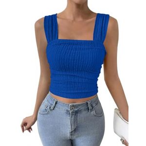 AGYMNX D�bardeur Femme Tops sans Manches Col Carr� Crop Tops Sexy Printemps Et� Hauts Bretelles Larges Tanktop Court Slim Chic et �l�gant Basiques Et� Camisole Streetwear Bleu Saphir XXL (ZHECI, neuf)