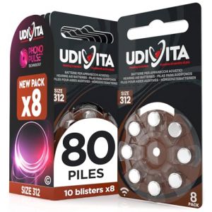 80 Piles Auditives Taille 312 Udivita PR41 (Marron) Technologie Phono Pulse - 10 Blisters de 8 Piles (Eurocali, neuf)