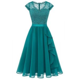 Wedtrend Robe de cocktail &eacute;l&eacute;gante pour femme - Longueur genou - Robe de soir&eacute;e &eacute;l&eacute;gante pour mariage - Ligne A - Robe &agrave; volants, Vert paon, XL (WedTrend, neuf)