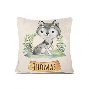 Personalisedog Coussin personnalisé en polaire pour bébé avec nom et motif animal et couleur - Cadeau de naissance ou de baptême avec nom pour garçon et fille (loup) (PersonaliseDog, neuf)