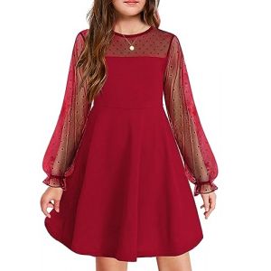 Arshiner Robe Filles Fête De Mariage Robe À Manches Longues Robe Décontractée Robes De Princesse Enfants Adolescents Vêtements Vin Rouge 160 12-13 Ans (Arshiner Store, neuf)