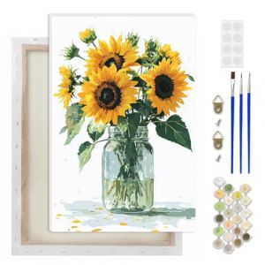 AIRDEA Vase Tournesol Peinture Numero Adulte, DIY Kit Activité Manuelle Peinture Acrylique, Fleur Peinture par Numero Adulte avec Pinceaux et Acryliques pour la Décoration Maison 20x30 cm (Encadrée) (AIDIYA Direct, neuf)
