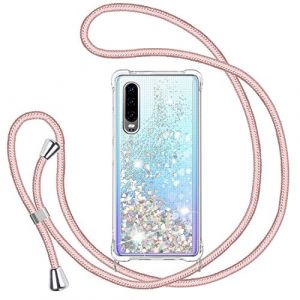 Glitter Liquide Collier Coque pour Huawei P30, Glitter Silicone Paillette &Eacute;tui Protection TPU Bumper Liquide Housse, Bling Transparent Case avec R&eacute;glable Tour de Cordon -Or Rose (TUUTPU, neuf)