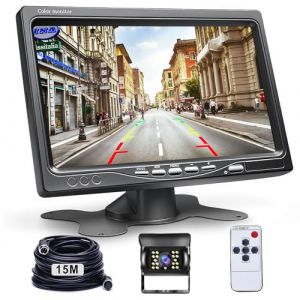 Caméra de Recul et Moniteur LCD 7 Pouces écran, Hodozzy Vision Nocturne IR Caméra de Recul étanche 12V-24V Caméra Filaire avec Câble 4 Broches 15 Mètres pour Voiture Camion Camping-Car Caravane (Hodozzy Direct, neuf)