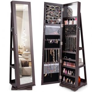 COSTWAY Armoire à Bijoux Pivotante à 360 Degrés, Organisateur de Bijoux sur Pieds, avec Grand Miroir Psyché et Etagère de Rangement à L’Arrière (Brun Foncé) (FDS GmbH, neuf)
