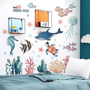 WandSticker4U®- XXL Stickers muraux ANIMAUX MARINS aquarelle GRAND (141x118 cm) I Autocollant mural baleine hippocampe poissons tortue mer océan I Déco murale chambre enfant bébé (WandSticker4U®, neuf)
