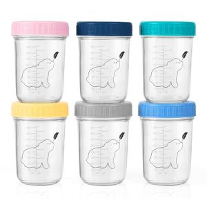 Budding Bear Petit Pot Conservation B&eacute;b&eacute; Verre 240ml (Lot de 6) - Pot Bebe Repas R&eacute;utilisables - Cong&eacute;lateur & Micro-Ondes (Sans Couvercles) - Lavage &agrave; la Main - Sans BPA, Phtalate, Plomb, PVC (Honey Shuffle, neuf)