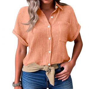 Chemisier Femme Manches Courtes Col V Boutons et Poches Chemise Gaze de Coton Blouse Femme Chic et élégant Tunique Lin Grande Taille Lâche Respirant Haut Ete, Orange, S (Zawalud, neuf)