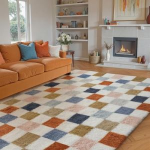HUGEAR Tapis Salon Shaggy Damier Tapis Chambre Adulte Fille Doux Moelleux Descente de lit AntidéRapant Moderne Grand Tapis Multicolore Blanc 160×230cm Decoration Chambrel (RONGBEN, neuf)