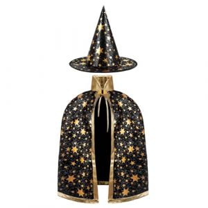 AYBUY Costume de Sorcière D'halloween pour Enfants, Cape du Magicien D'halloween avec Chapeau Cape de Sorcier Sorcière Enfant Cosplay Costume pour Fête de Cosplay Garçon Fille, Noir (withchance, neuf)