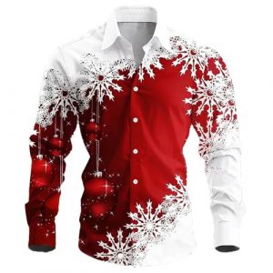 Chemise de No&euml;l &agrave; manches longues pour homme - Chemise de No&euml;l d&eacute;contract&eacute;e boutonn&eacute;e - Col montant - Chemise hawa&iuml;enne - Chemise de No&euml;l - Chemise d'hiver - V&ecirc;tement de No&euml;l, rouge, 4XL (Saohuo FR, neuf)