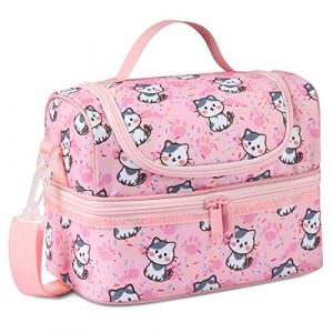 Kasgo Sac Isotherme Repas Enfant, 2 Compartiments Sac D&eacute;jeuner Thermique Gar&ccedil;on Fille 5,7L Mignon Petit Lunch Bag avec Bandouli&egrave;re R&eacute;glable pour &Eacute;cole Pique-nique Chaton Rose (KASGOSHOP, neuf)