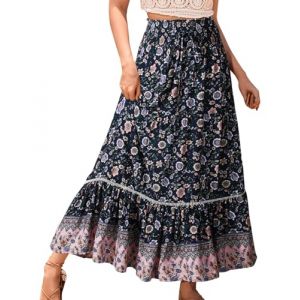 Genfien Femme Jupe 2 en 1 Boheme Tour de Taille Elastique Longues été Maxi Jupe Tube Jupe Femme Taille Haute A-Line Décontractée Vacances L'été Plage Vintage Vacances à la Plage (Genfien-FR, neuf)