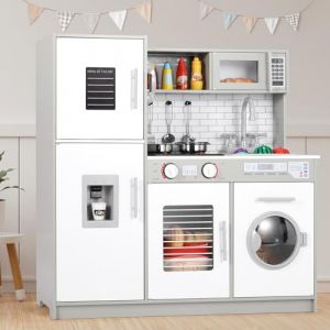 Cuisine Bois pour Enfant - Jouet Cuisine XL avec Lave-Linge, Effets Lumineux et Sonores Simulés - 82x80x25 cm, Gris-Blanc, À Partir de 3 Ans (BRT Store, neuf)