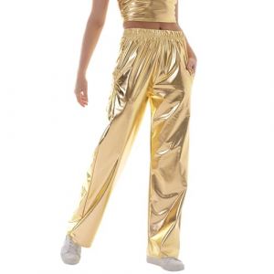 NewL Pantalon Hip Hop Brillant pour Femme - Effet mouill&eacute; m&eacute;tallique - Jambe Large - Style r&eacute;tro Disco - Hippie Club - Jambe Droite - Streetwear, dor&eacute;, XL (NewL, neuf)