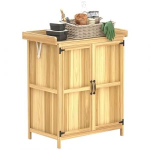 Outsunny Armoire de jardin en bois r&eacute;sistante aux intemp&eacute;ries - 74 x 43 x 88 cm - Toit rabattable, &eacute;tag&egrave;res, plan de travail, armoire &agrave; outils (AOSOM-DE, neuf)