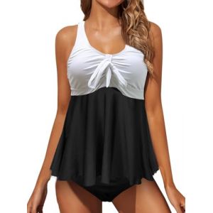 JFAN Maillot de Bain Femme 2 Pieces Tankini Imprim&eacute; Floral Ensembles de Tankini Col en U Push Up Swimwear Grande Taille Gainant Ventre Plat R&eacute;glable Swimsuit avec Short，Noir + Blanc M (JFan, neuf)