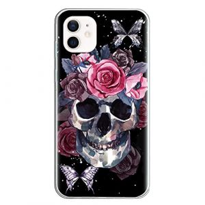 Coque de protection d'Halloween compatible avec Apple iPhone 13 Mini - Transparent - R&eacute;sistant aux chocs - En silicone souple - R&eacute;sistant aux rayures - TPU - Ultra fine - Motif t&ecirc;te de mort - Fleurs - (VooDirop, neuf)