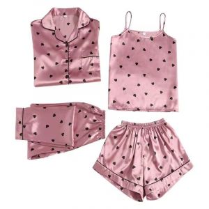 Pyjama Femme Satin de Soie Unisexe Grande Taille 4 Pi&egrave;ces Ensembles de Pyjama Short et Caraco Lingerie Sexy Automne Hiver Manche Longue V&ecirc;tements de Nuit Classique Sleepwear Cami Top Pyjama Sets (PINTUTU SEXY, neuf)
