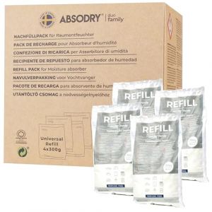 AbsoDry - Recharge déshumidificateur d'air anti moisissure 4×300 g - Compatibilité universelle - Empêche les odeurs & retient l'humidité - Recharge absorbeur d'humidité (everbrand sweden, neuf)