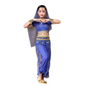 FEOYA Costume Danse Orientale Enfant Tenue Danse Indienne Bollywood Fille Enfant 5 pcs Top+Sarouel+Ornement de Tête+Foulard+Ceinture 3-11 Ans (Bleu, 8-11 Ans) (GAOCHENGEU, neuf)