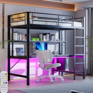 Zepneiy Lit Mezzanine 1 Place avec LED et USB, lit Mezzanine avec Bureau et Plusieurs étagères,Lit Superposé Enfant 90x200 avec échelle et Balustrade, Noir (sans Matelas) (ZEYNEP OZTURK LIMITED, neuf)