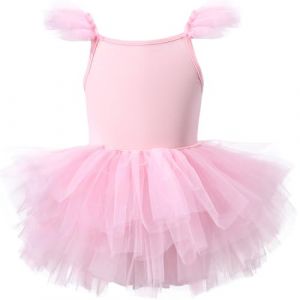 AIEOE Fille Robe de Ballet Danse Tutu Justaucorps Robe Danse Tutu Tulle Enfant Manche à Volants (Entrejambe avec Bouton) 4-6 Ans Rose B01 (HIGENL, neuf)