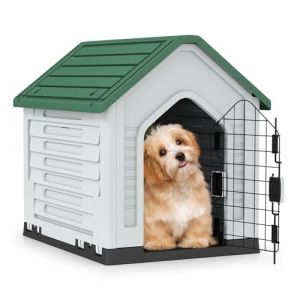 GOPLUS Niche pour Chien Exterieur 67×52×60 CM, Cabane Chien Exterieur en PP Imperméable avec Porte Grillagée Verrouillable, Toit Incliné et Plancher Surélevé, Aérations à Côtés, Abri Chiot (Vert) (Augenstern24, neuf)
