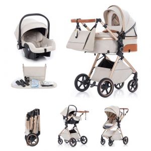 Kakbgee Poussette 3-en-1 Landau | avec Nacelle Pliable & Poign&eacute;e 7x R&eacute;glable | 4 Roues Suspension PU | Grand Panier | Norme EN1888 | 0-3 Ans (15kg), Beige (Kakbgee, neuf)