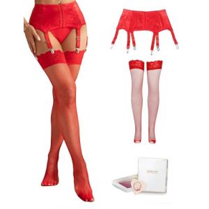 comeondear Simili Cuir Porte Jarretelle Sexy Grande Taille avec Bas Autofixants R&eacute;sille Femme avec 6 Pinces R&eacute;glable Jarreti&egrave;res Vintage Guepiere Ensemble Porte-Jarretelles Lingerie 2-Rouge+Bas,XXL (ComeonDear, neuf)