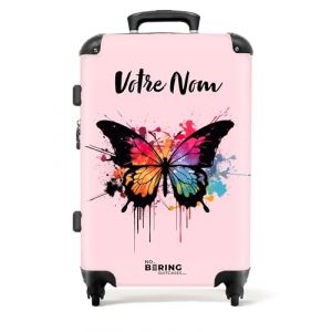 NoBoringSuitcases.com © Valise pour enfants Valise pour enfants Valise de voyage Bagage pour enfants à 4 roulettes, serrure TSA (Personnalisé: Papillon, peinture sur rose), (Taille moyenne 67x43x25cm) (NoBoringSuitcases, neuf)